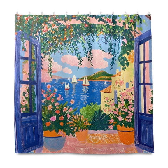 Yayeee Shower Curtain with Hooks 72"x72" Waterproof Fabric Bathroom Hanging Decor, Blue Window