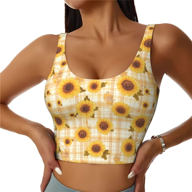Fotbe Coffee Plaid Sunflower Sujetador Deportivo Largo sin Aros para Mujer con Almohadillas y Soporte Medio, Transpirable y Absorbente, Camiseta Tipo Chaleco o Tank Top-Small
