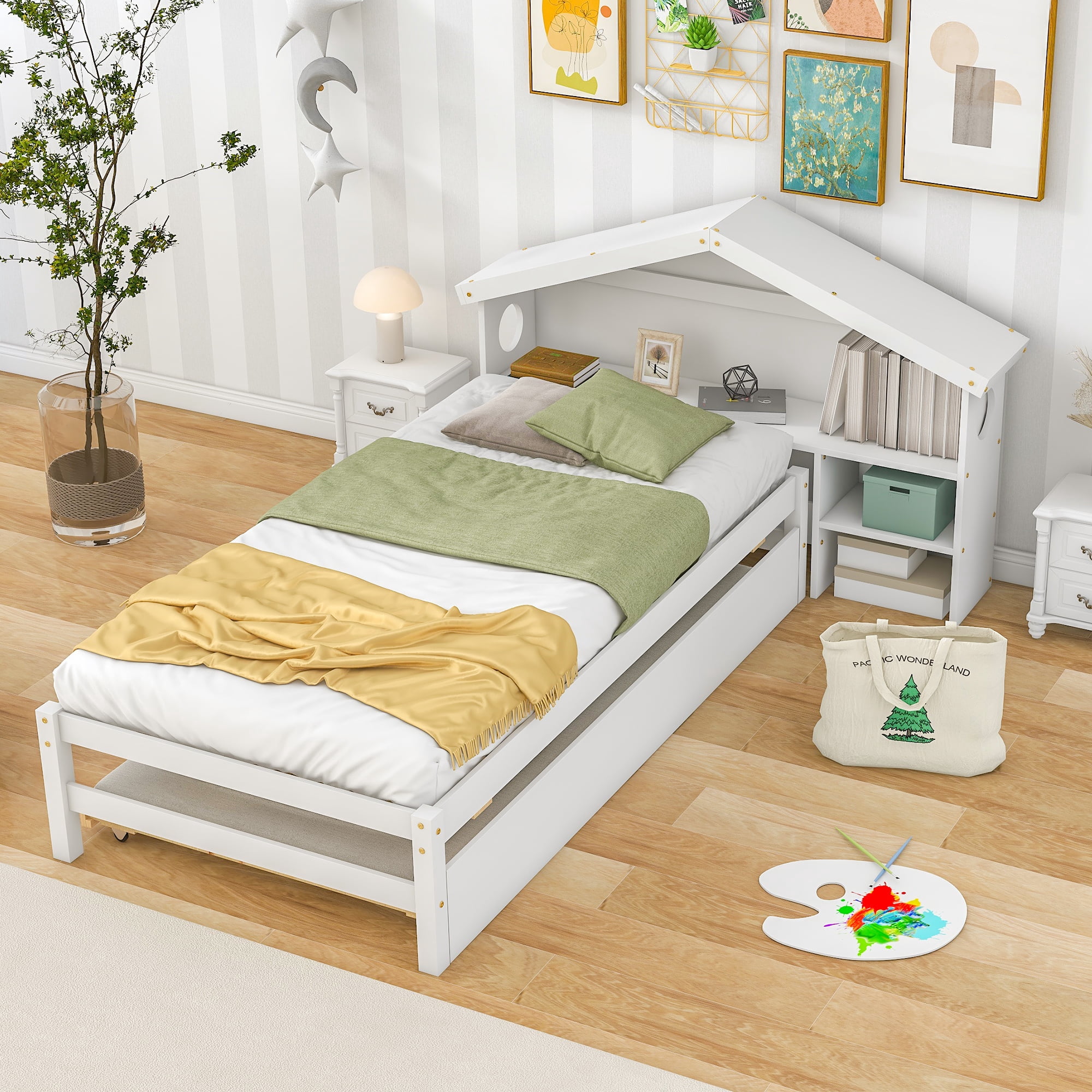 Euroco Wood Twin Size Platform Bed with Trundle and House Shelf for Kids, White