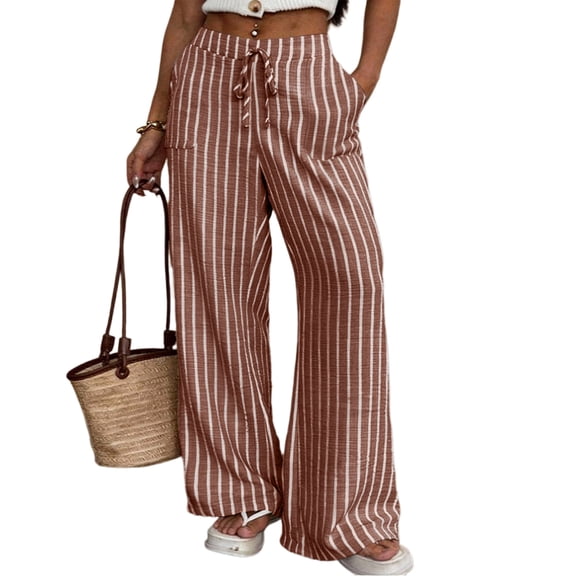Textilo Womens Striped Lounge Pants Wide Leg Drawstring Pants with Pockets Elastic Waist Trousers Summer Beach Vacation Comfy Lounge Boho Outfits,Brown S
