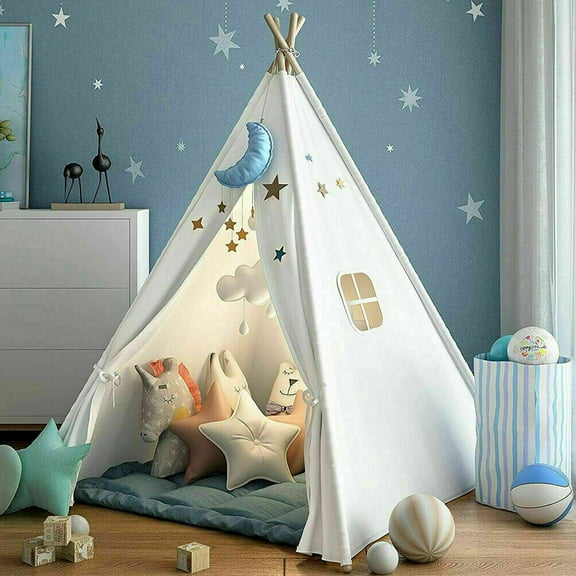 Large Kids Teepee Tent, Kid Play Tent Foldable Teepee for Boy & Girl Indoor Outdoor, White