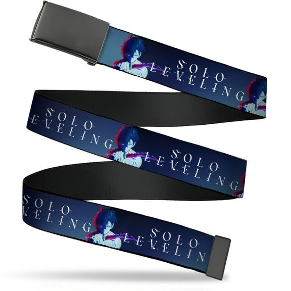 Adjustable Belt, Clamp Buckle, Cut-to-Fit, Solo Leveling Sung Jinwoo Dagger Pose and Title Logo Blues