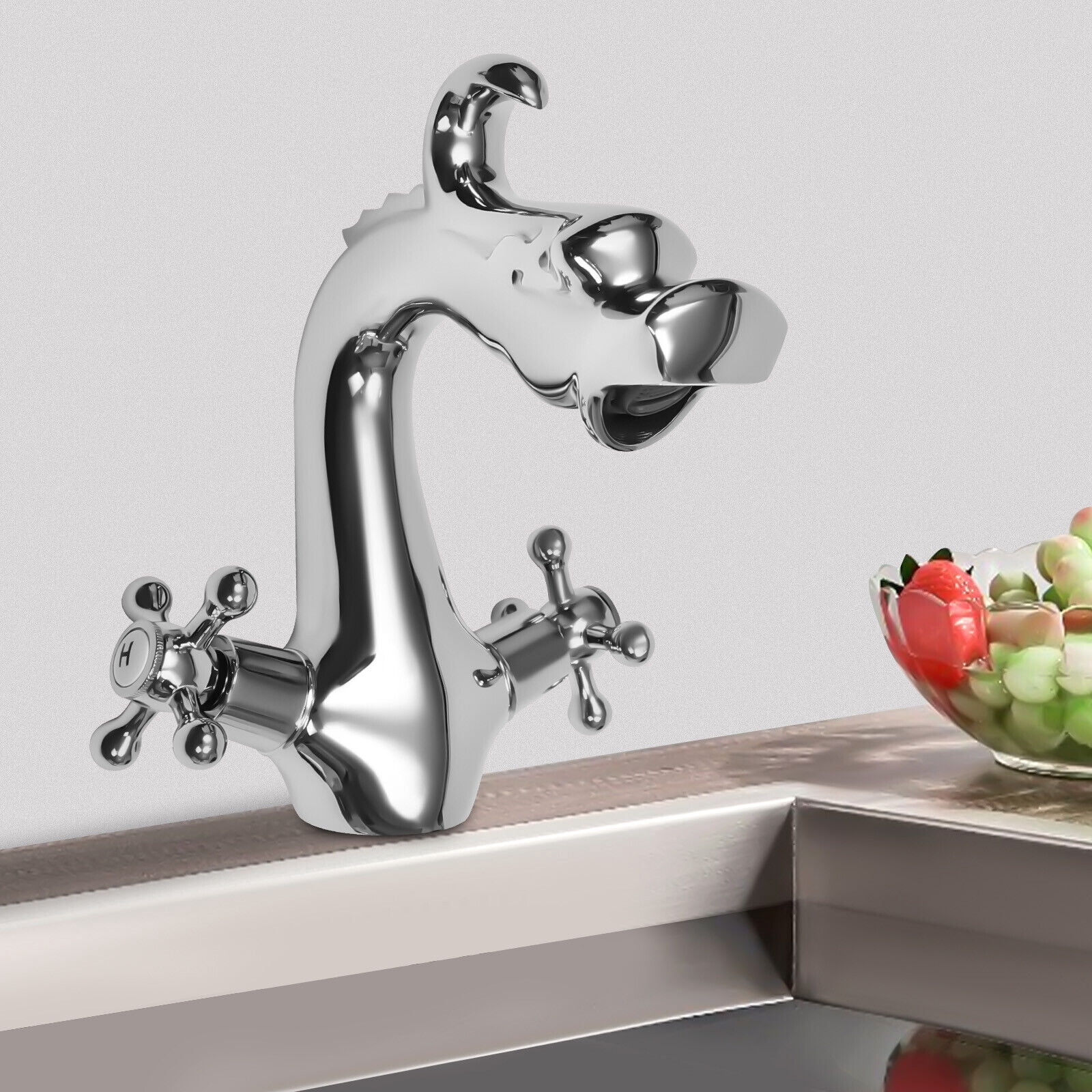Dragon Shape Silver/Gold Two-Handle One Hole Bathroom Sink Mixer Tap Faucet for Homes, Restaurants, Shopping Centers
