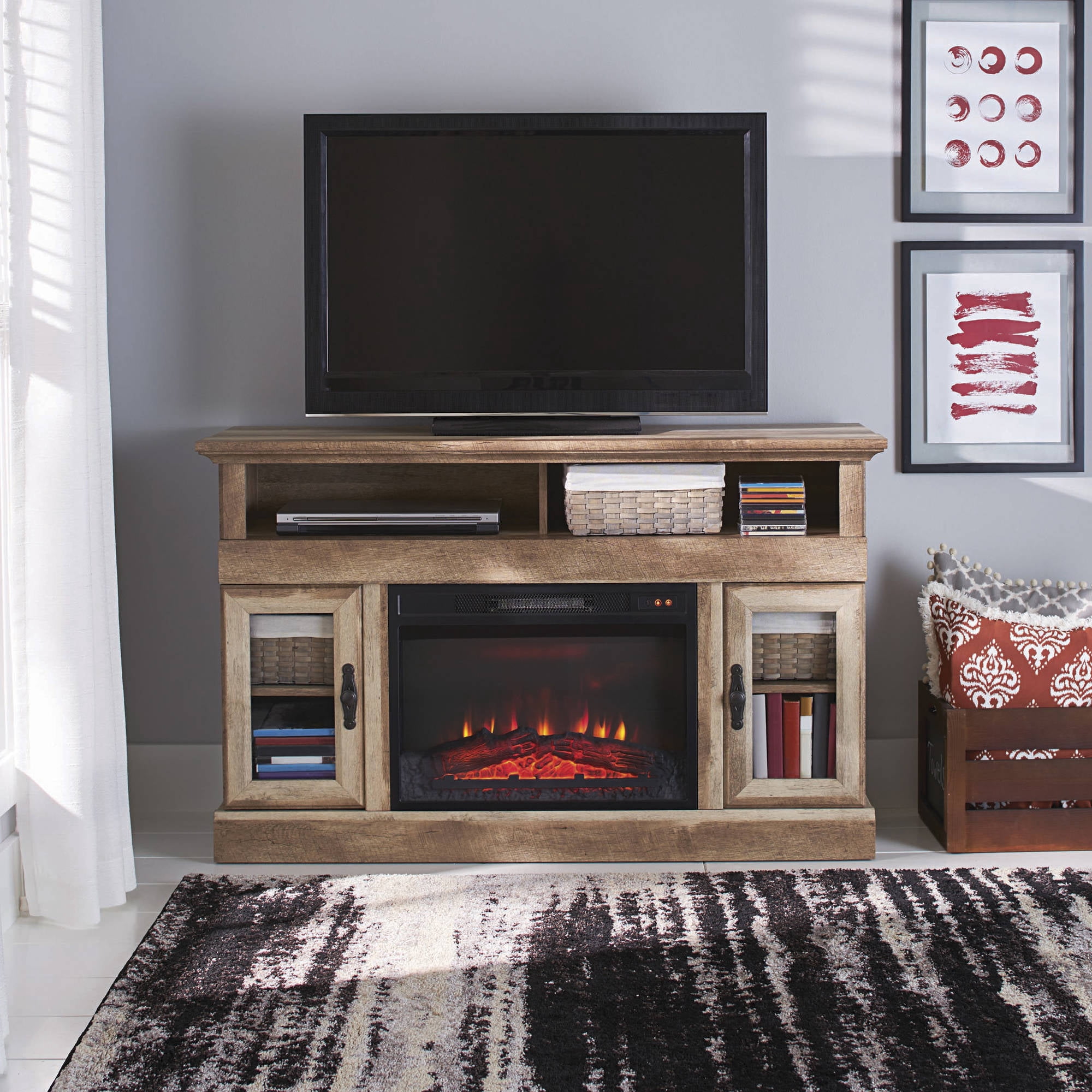 Better Homes & Gardens Crossmill Fireplace Media Console, for TVs up to 60", Weathered Pine Finish