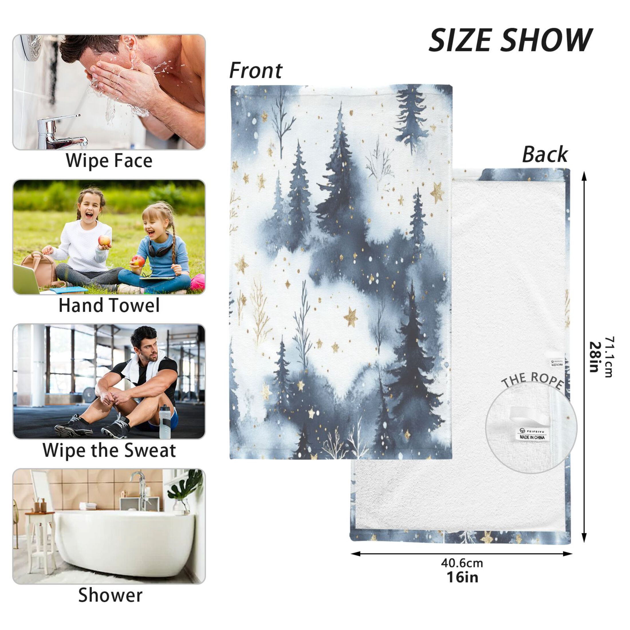 2 Pcs Absorbent Face Towel Bath Hand Towels Soft Breathable Cotton Towel Set for Bathroom Kitchen Hotel Spa Decor Watercolor Winter Wonderland Pattern