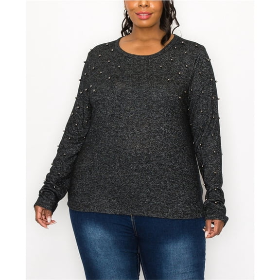 COIN 1804 Womens Gunmetal Studs Knit Blouse, Grey, Plus Size, 2X