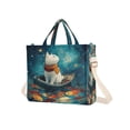 thumbnail image 2 of Corduroy Composite Fabric Tote Bag Magnetic Snap Large Capacity Crossbody Bag Beige Shoulder Strap White Cat Sailing, 2 of 8