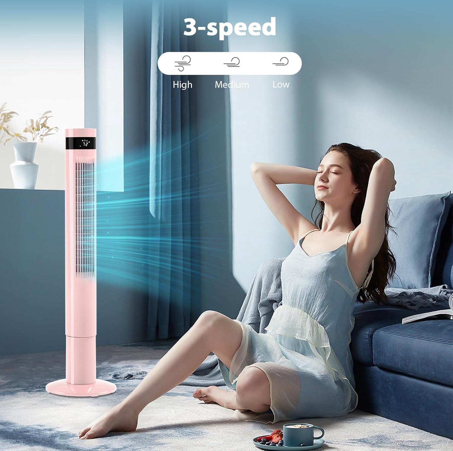 WAA 43" Pink Tower Fan Standing Oscillation Fan with Remote,3 Wind Modes,Time Settings,LED Display for Office