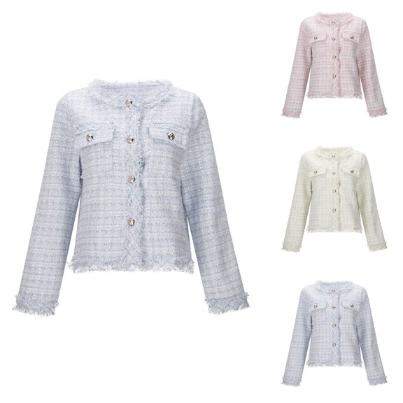 Cropped Blazers for Women Long Sleeve Button Down Open Front Plaid Tweed Blazer Business Casual Office Work Jacket
