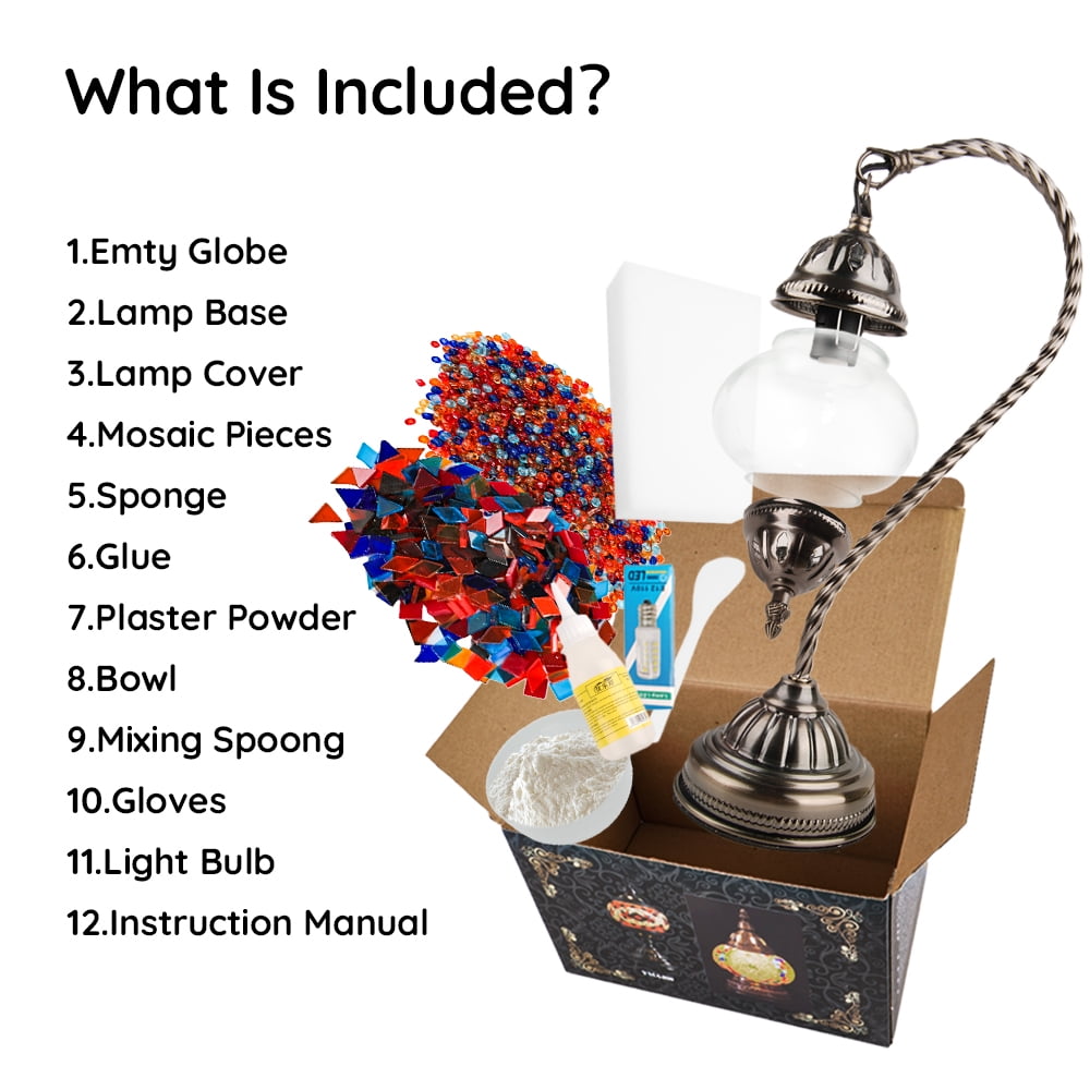 MEHOOM DIY Turkish Moroccan Lamp Making Kit, Mosaic Tiles Crafts Kit for Adults, Boho Decor Stained Glass Bedside Table Lamp, Unique Gift for Her or Him(Swan Neck Multicolor)