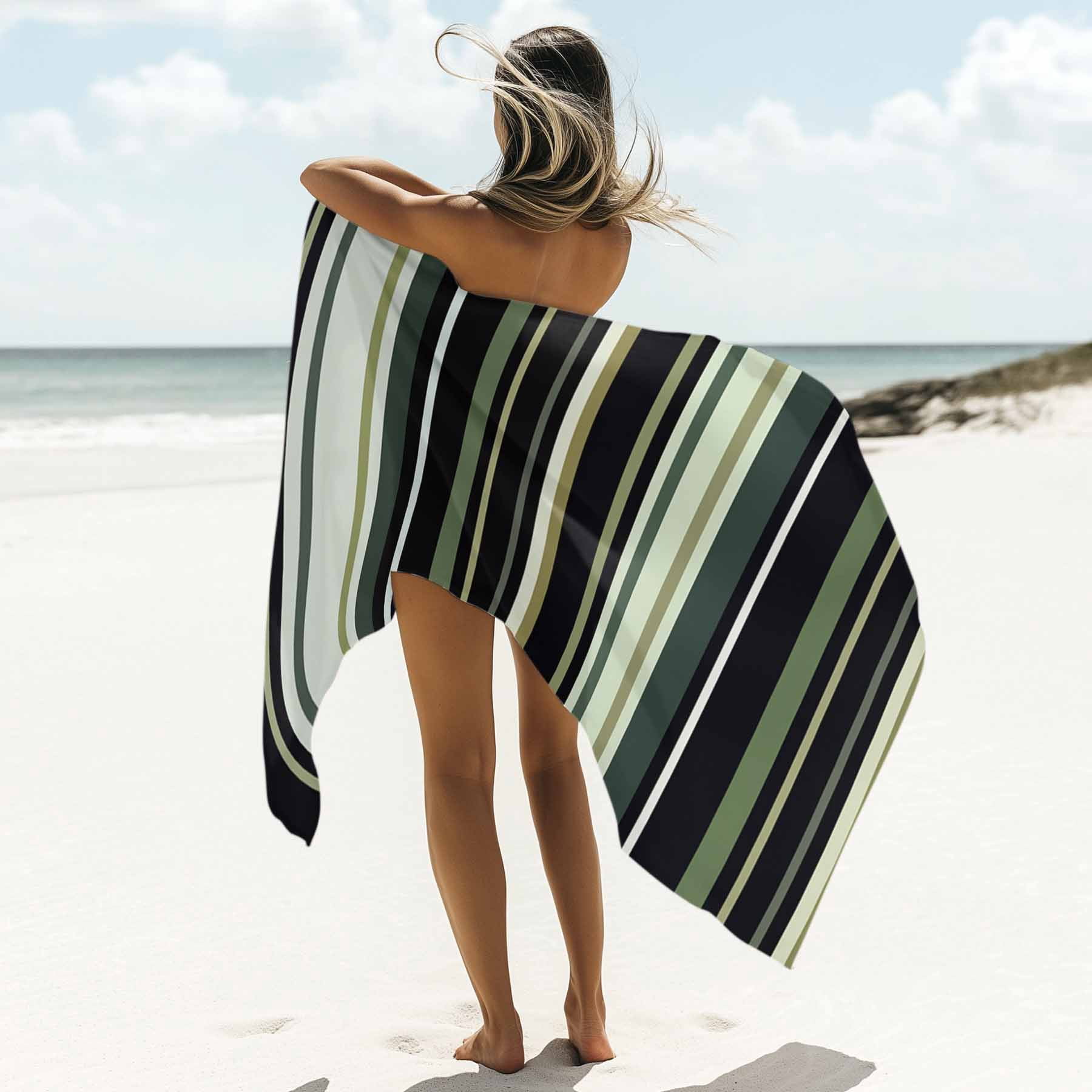 Green Black Retro Stripe Beach Towels Blanket Soft&Absorbent Quick Dry Microfiber Minimalist Geometric Pattern Pool Towels for Swimming ,Yoga, Sports, Gym, Camping,Large 30X60in,