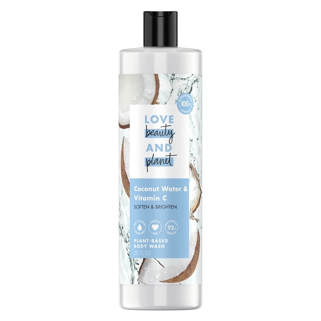 Gel de baño Love Beauty and Planet a base de plantas para mujeres y hombres, gel de ducha y limpieza de la piel (agua de coco y vitamina C)