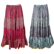 Mogul Womens Indian Vintage Silk Sari Printed Tiered Flare Bohemian Fashion Skirts Lot Of 2 Pcs