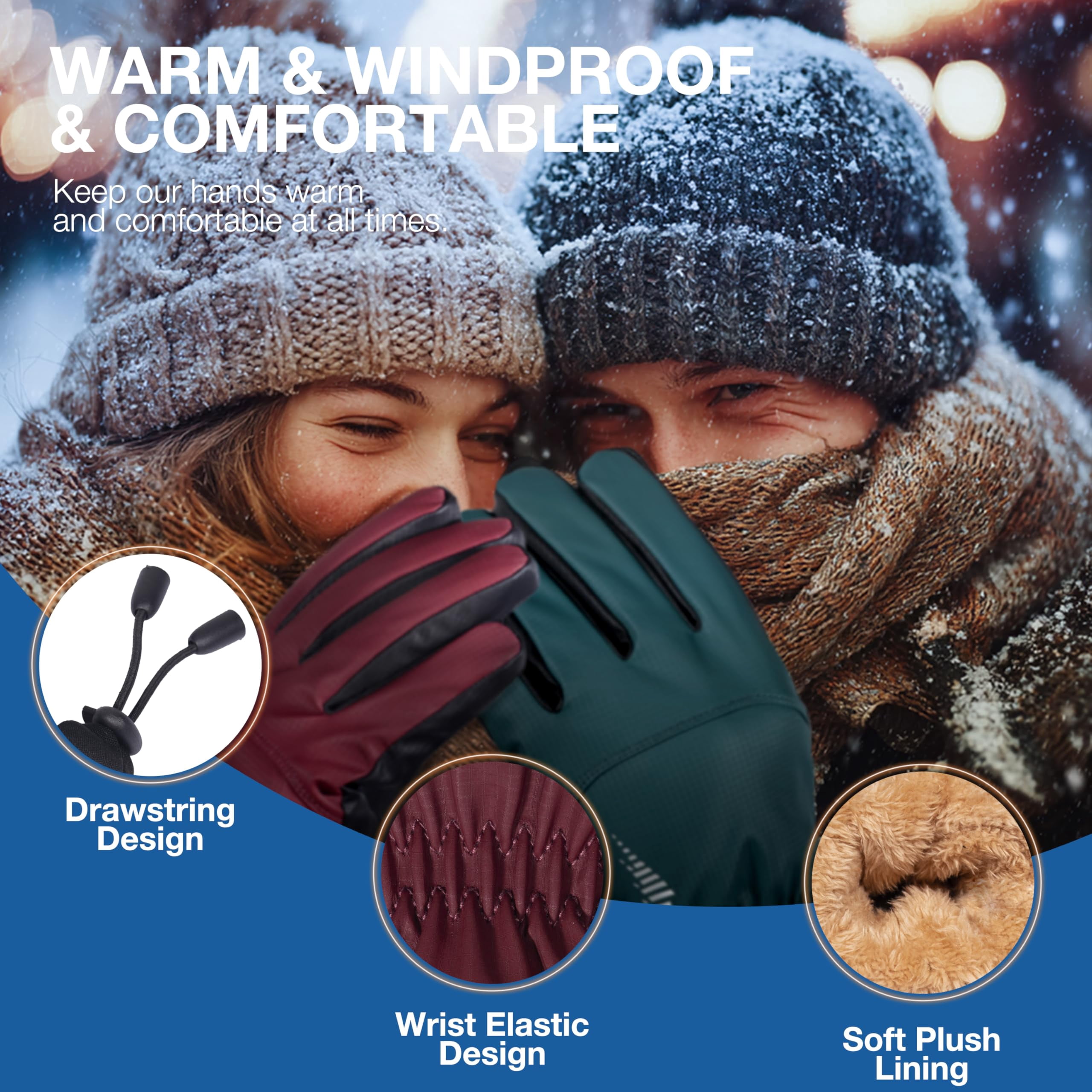 Winter Waterproof Warm Gloves Women Men With Touchscreen Fingers  Ski Snow Windproof For Cold Weather Thermal Running Hiking Driving Cycling Outdoor Sports Daily Work