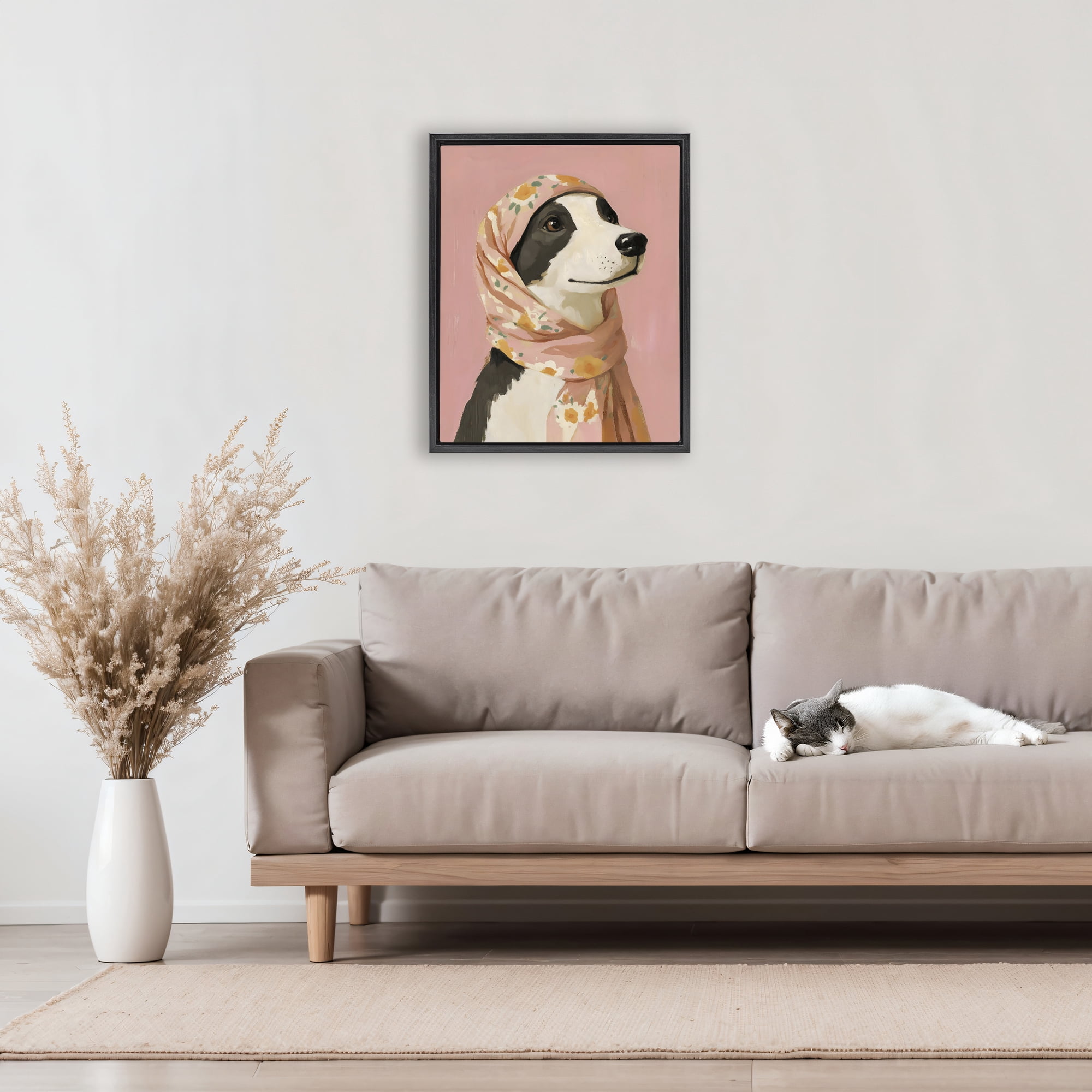 Stupell Industries Dog Babushka in Floral Scarf Black Framed Floater Canvas Wall Art, design by The Prints Vibe
