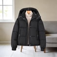 thumbnail image 2 of Women's Winter Short Hooded Puffer Coat Zip & Snap Button Closure Quilted Padded Jacket Adjustable Drawstring Hem Casual Warm Outerwear Black, 2 of 5