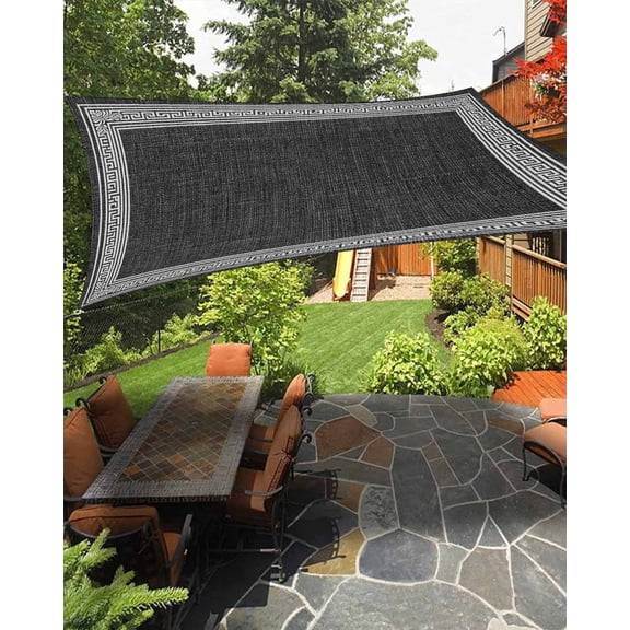 Outdoor Sun Shade Sail 8'x10', Black Retro Greek Key Patio Beach Shade Canopy Cloth Waterproof, Greece Ancient Rustic Geometric TearResistant & UV Protection Sun Sail for Backyard Garden Deck