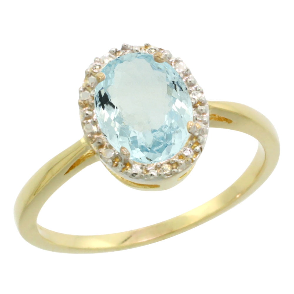 10K Yellow Gold Natural Aquamarine Diamond Halo Engagement Ring Oval 8X6mm, sizes 5-10 by WorldJewels