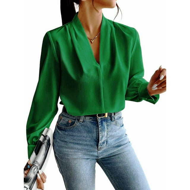 Blusas de Trabajo para Mujer, Blusas de Larga, Blusas de Oficina con Cuello en V, Blusas de para Mujer Verde L