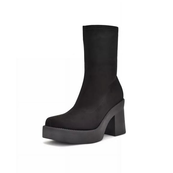Nine West Gerri2 Black1 Suede Chunky Block Heel Squared Toe Ankle Platform Boots (Black Suede, 5)