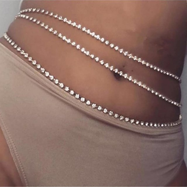 1 pieza Cadena de cintura de cristal brillante con diamantes de imitación Cadena de cintura plateada para verano para el vientre Joyas de playa Accesorios de cadena corporal para mujeres y niñas
