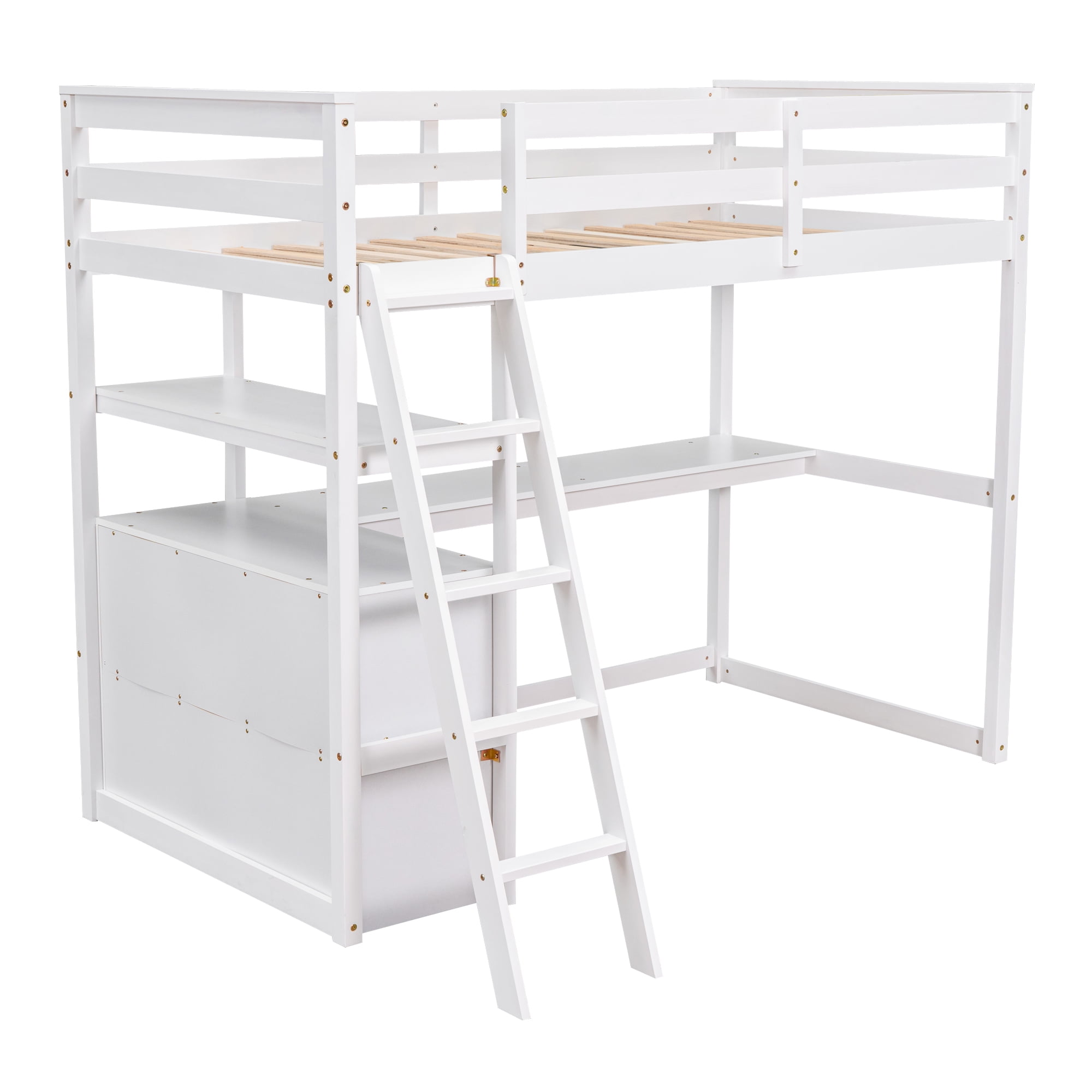 MAYEERTY Twin Size Loft Bed - Desk, Shelves & 2 Built-in Drawers, White