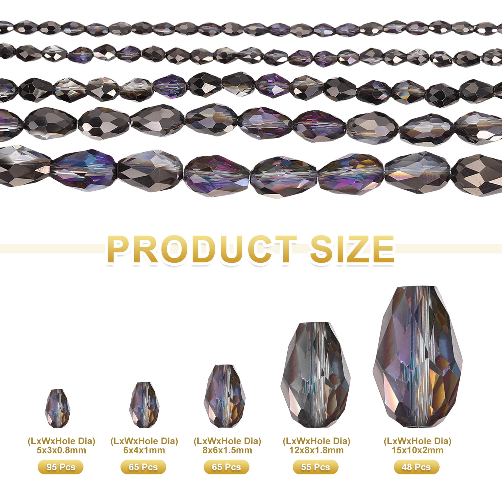 Uxcell 328 PCS Teardrop Crystal Glass Beads, 3x5mm 4x6mm 6x8mm 8x12mm 10x15mm Vertical Hole Faceted Glass Teardrop Spacer Beads for Necklace Bracelet DIY Jewelry Making, Black Purple