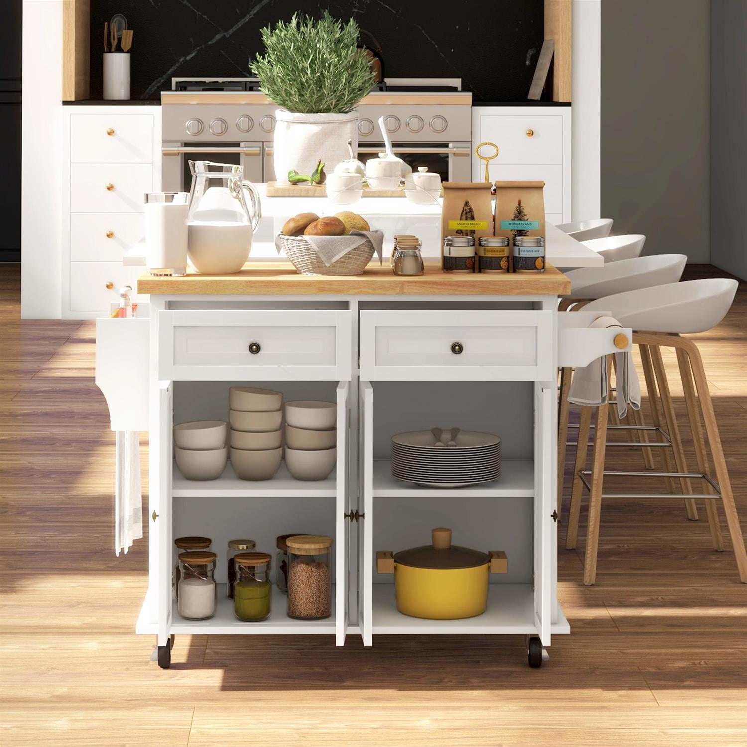 Demi Bonn 43" Kitchen Island with Wheels, Rolling Cart featuring Rubberwood Top, Spacious Drawers, Towel & Spice Racks for Home Cooking, White