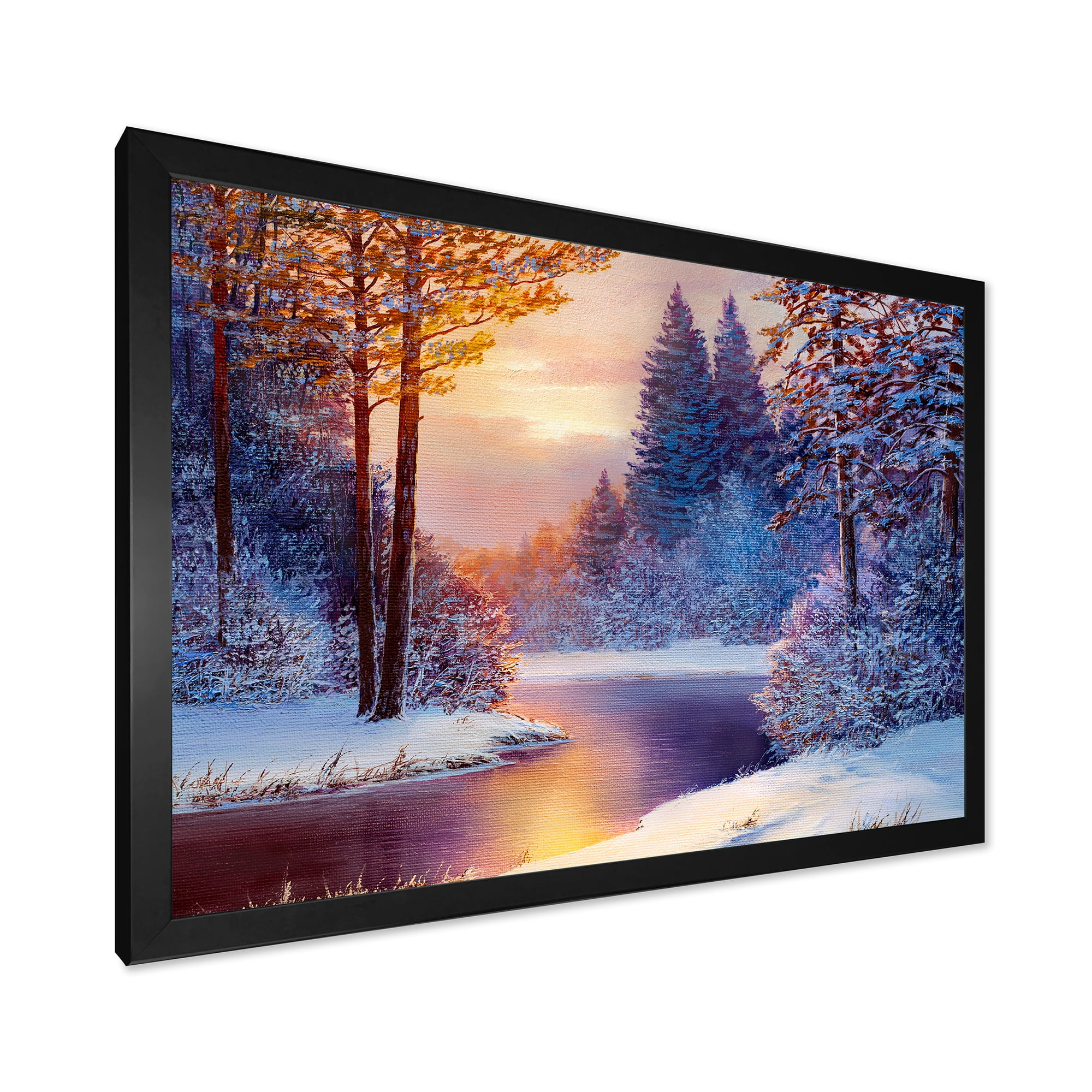 Designart 'Dark Blue Silhouettes of Trees With Winding River' Lake House Framed Art Print