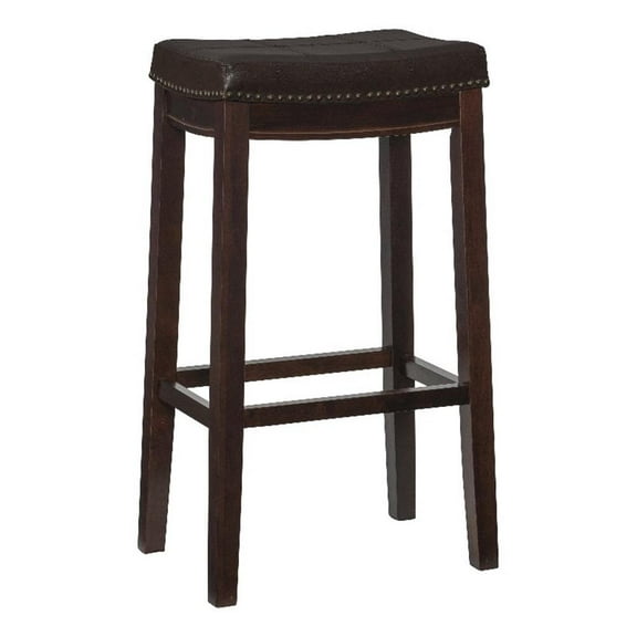 Pemberly Row Backless Bar Stool Brown Faux Leather Wood Frame in Brown Finish