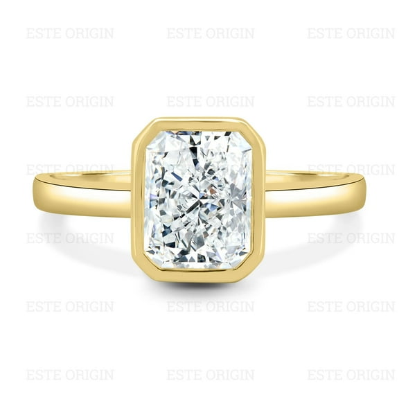 ESTE ORIGIN 2.40Ctw Bezel Set Radiant Moissanite Solitaire Engagement Ring with Cathedral Band in 10K Yellow Gold for Women