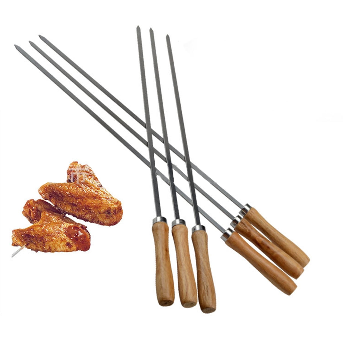 21 Inch, 0.4 Inch Wide Stainless Steel Grilling BBQ Skewers with Wood
