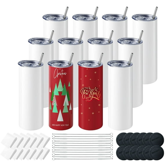 AGH 12 Pack 20oz Sublimation Tumblers Straight Skinny Tumblers Bulk, Stainless Steel White Insulated Tumbler with  Lids and Straws, Shrink Wrap Films for Mug Press Machine