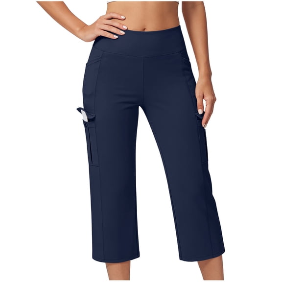OGLCCG Womens Yoga Capri Pants High Waist Straight Leg Athletic Exercise Workout Leggings with Pockets Summer Crop Cargo Pants,XXL,Navy