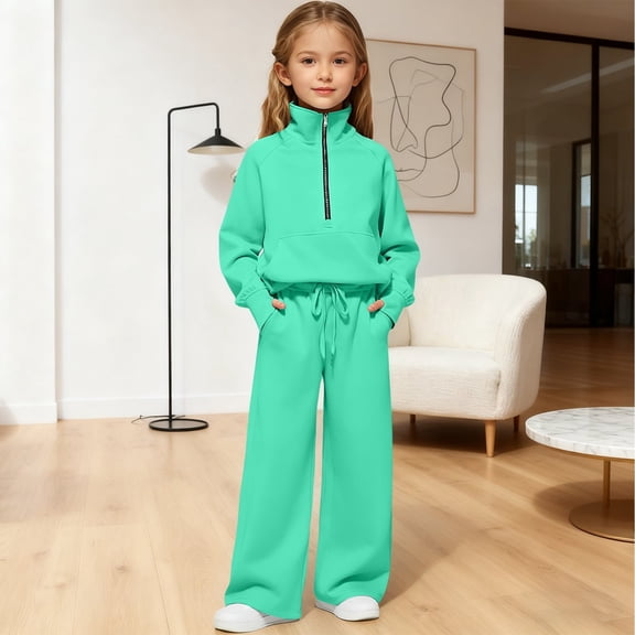 Xijirk Girls' 2-Piece Tracksuit Half-Zip Pullover & Drawstring Waist Wide Leg Pants Set,13-14 Years