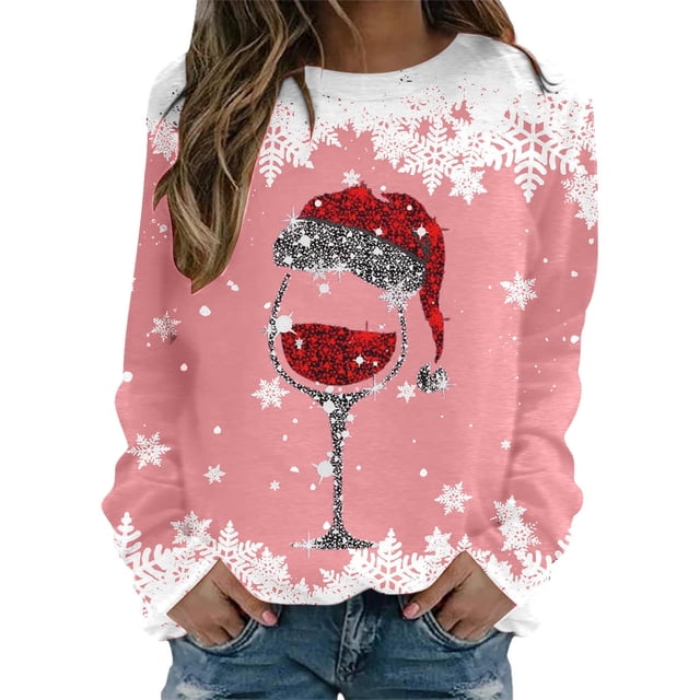 WEAIXIMIUNG Chandails en Molleton Grande Taille pour Femmes Mode Hiver Décontracté Rouge Verre Flocon de Neige Imprimé de Noël Col Rond Manches Longues Sweat à Capuche