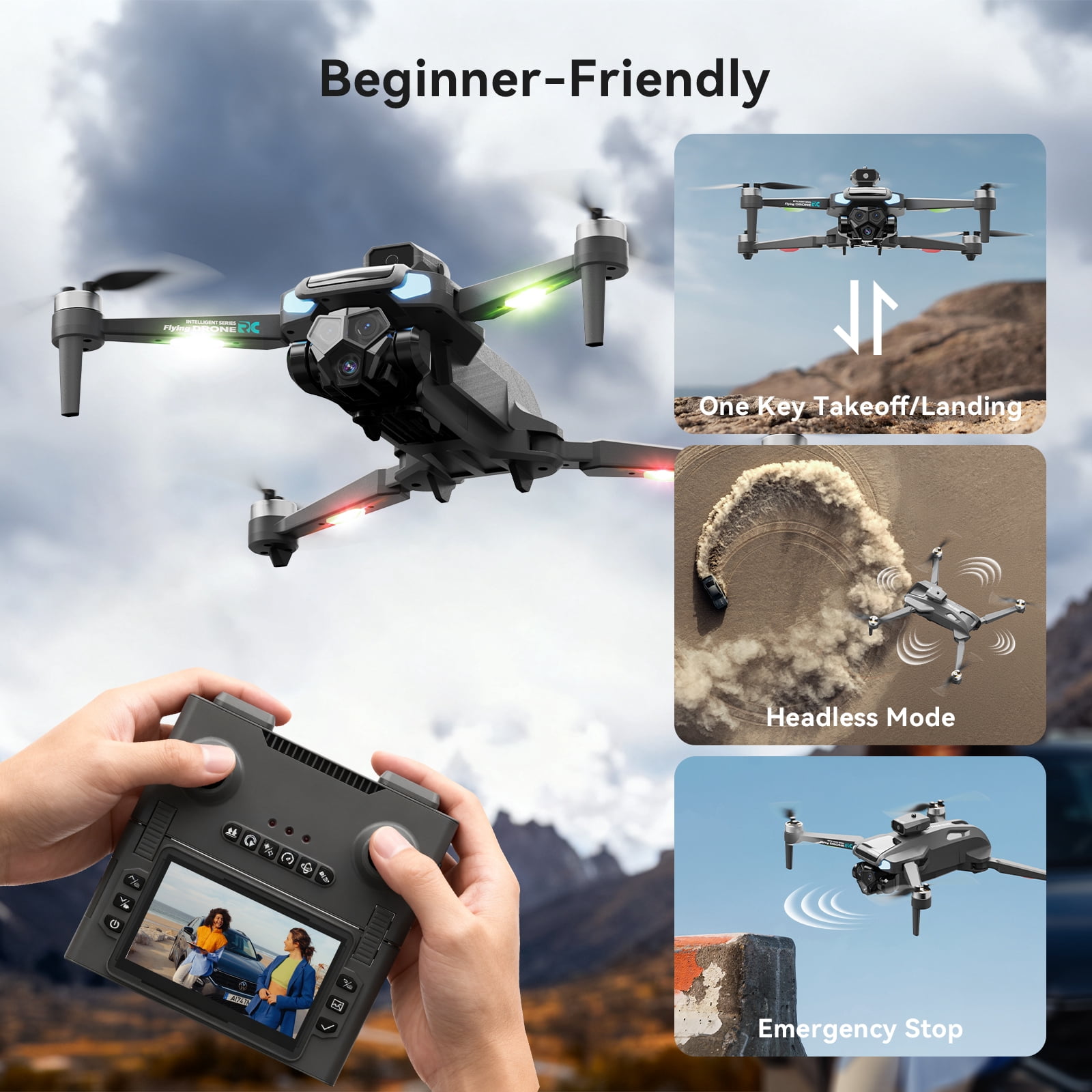 JoyStone FPV Drone with 1080P HD Camera for Beginner, Foldable RC Quadcopter with 4.3" HD LCD RC Screen, SD Card, 5G WiFi, Brushless Motor, Optical Flow, 2 Batteries, Grey