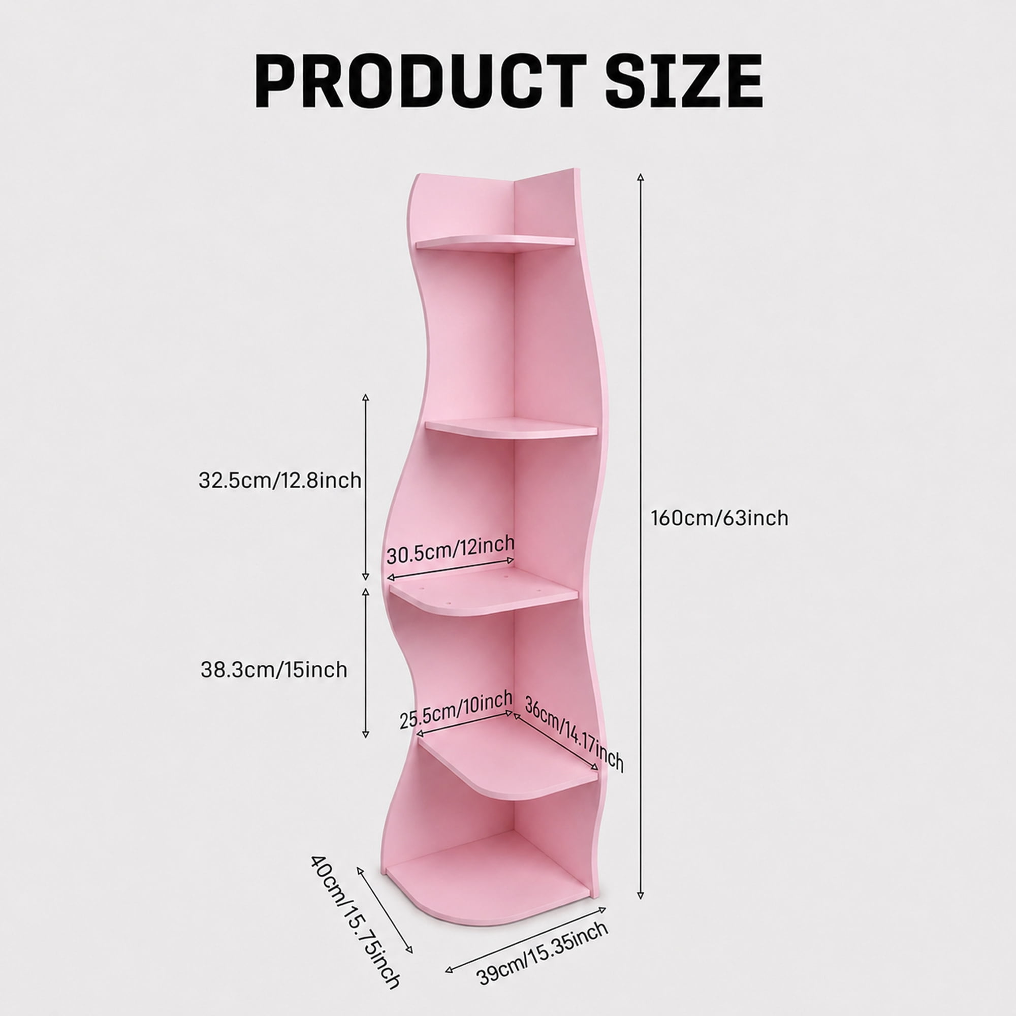 Leumius 5-Tier Bookshelf,Freestanding S-Shaped Corner Shelf Curved Display Rack,Space-Saving Corner Display Bookshelf/Plant Stand for Living Room Home Office,Pink