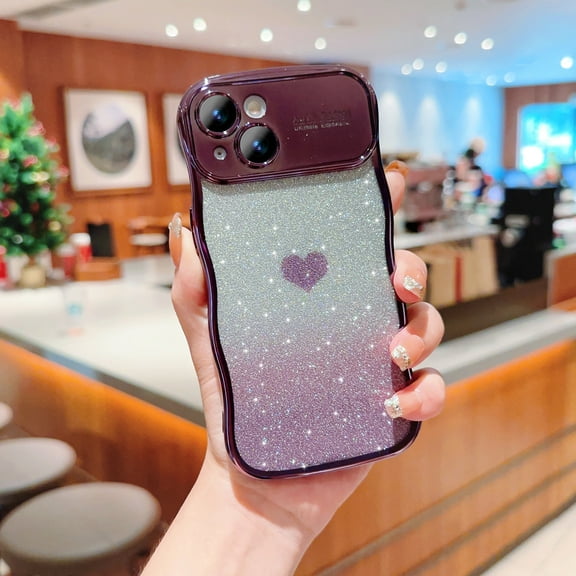 for iPhone 14 Case for Women Girls, Bling Glitter Gradient Color Cute Wave Frame Curly Shape with Love Heart Pattern Raised Camera Protection Cover Luxury Plating Shockproof Case, Darkpurple