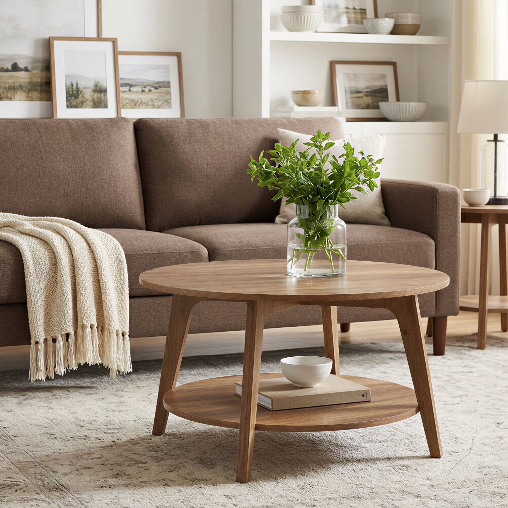 LEDREM Mid-Century Round Coffee Table, 2 Tiers Design, 66lb Capacity, Modern Minimalist Style, Quick Assembly, Ideal for Small Space & Apartment, Brown