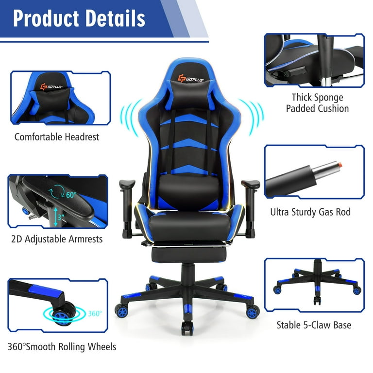Goplus Massage LED Gaming Chair Reclining Racing Chair w Lumbar