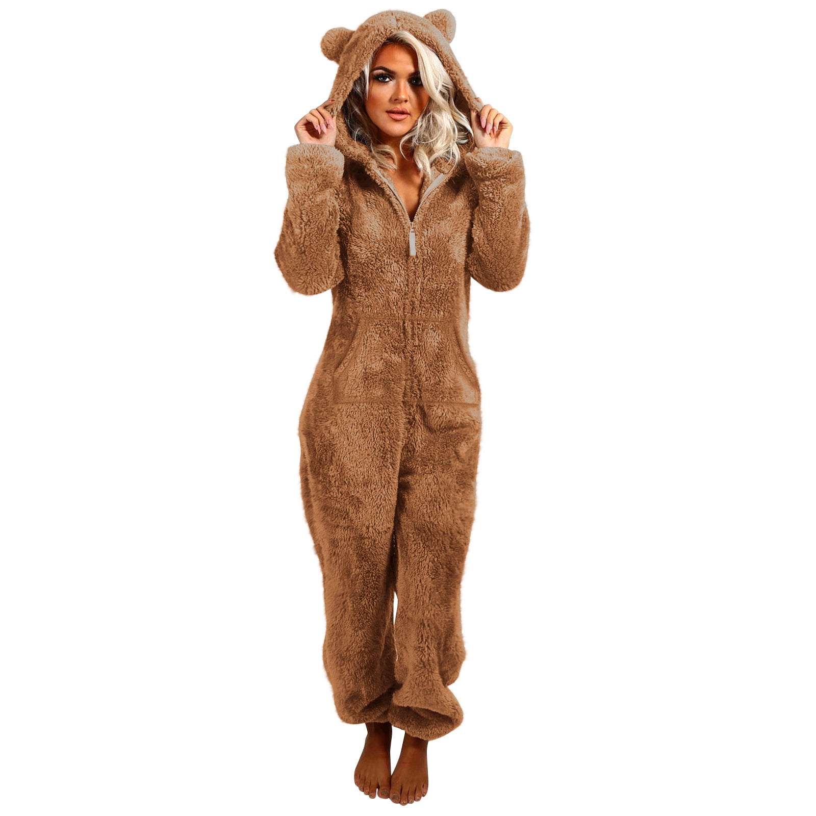 Xdegoge Fleece Jumpsuit Women Fuzzy One Piece Romper Zipper Long Sleeve Teddy Ears Jumpsuits Winter Warm Lounge Pajamas Loungewear with Pockets