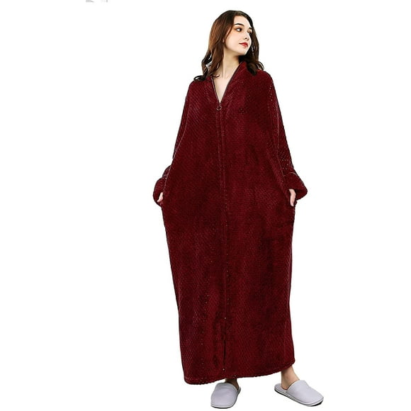 Women Zip Up Bathrobe Woman Zipper Fleece Plush Robe Ladies Warm Long Full Length Housecoat Sleepwear M/L/XL