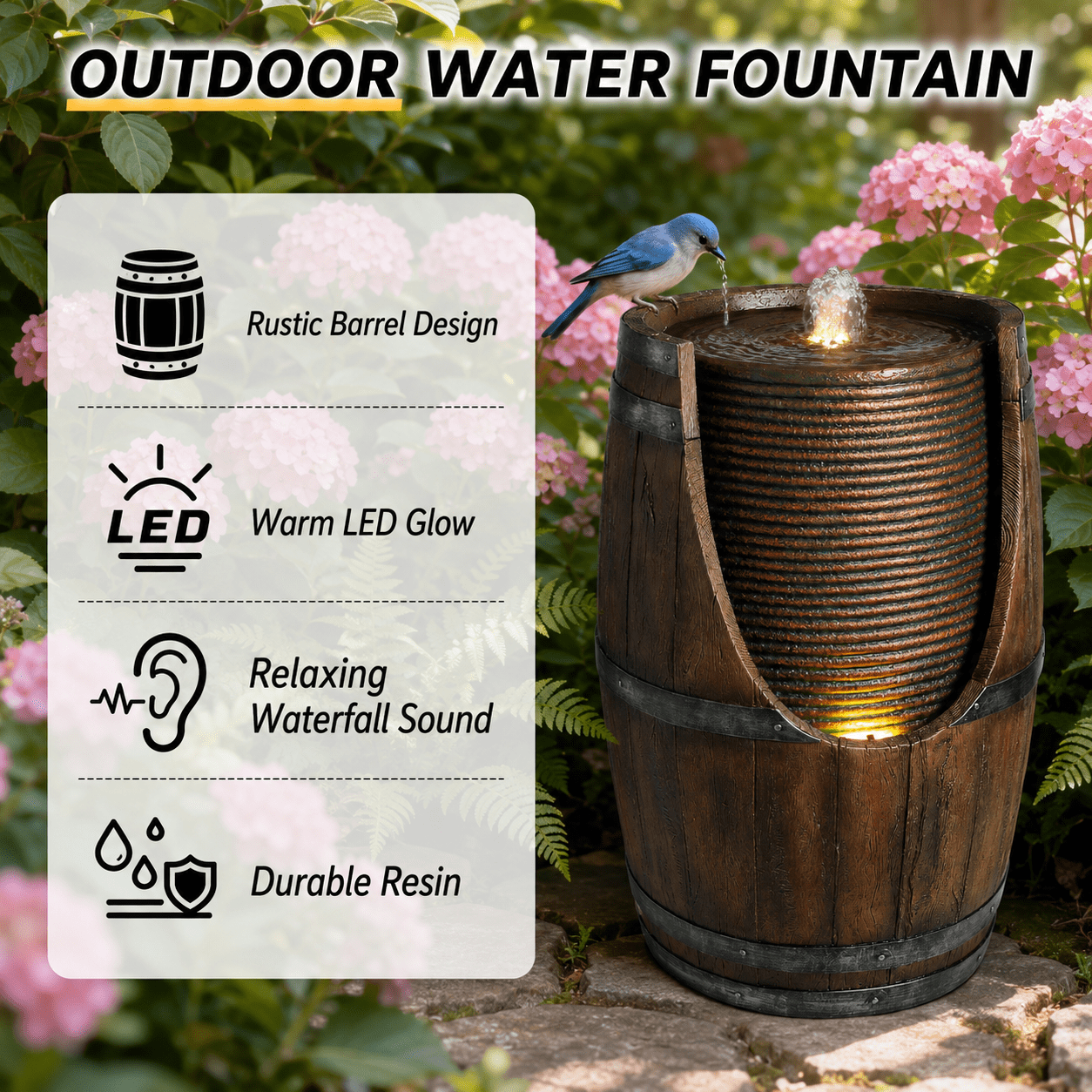 Aukfa Farmhouse Barrel Outdoor Water Fountain with LED Lights for Patio Garden Yard,Brown