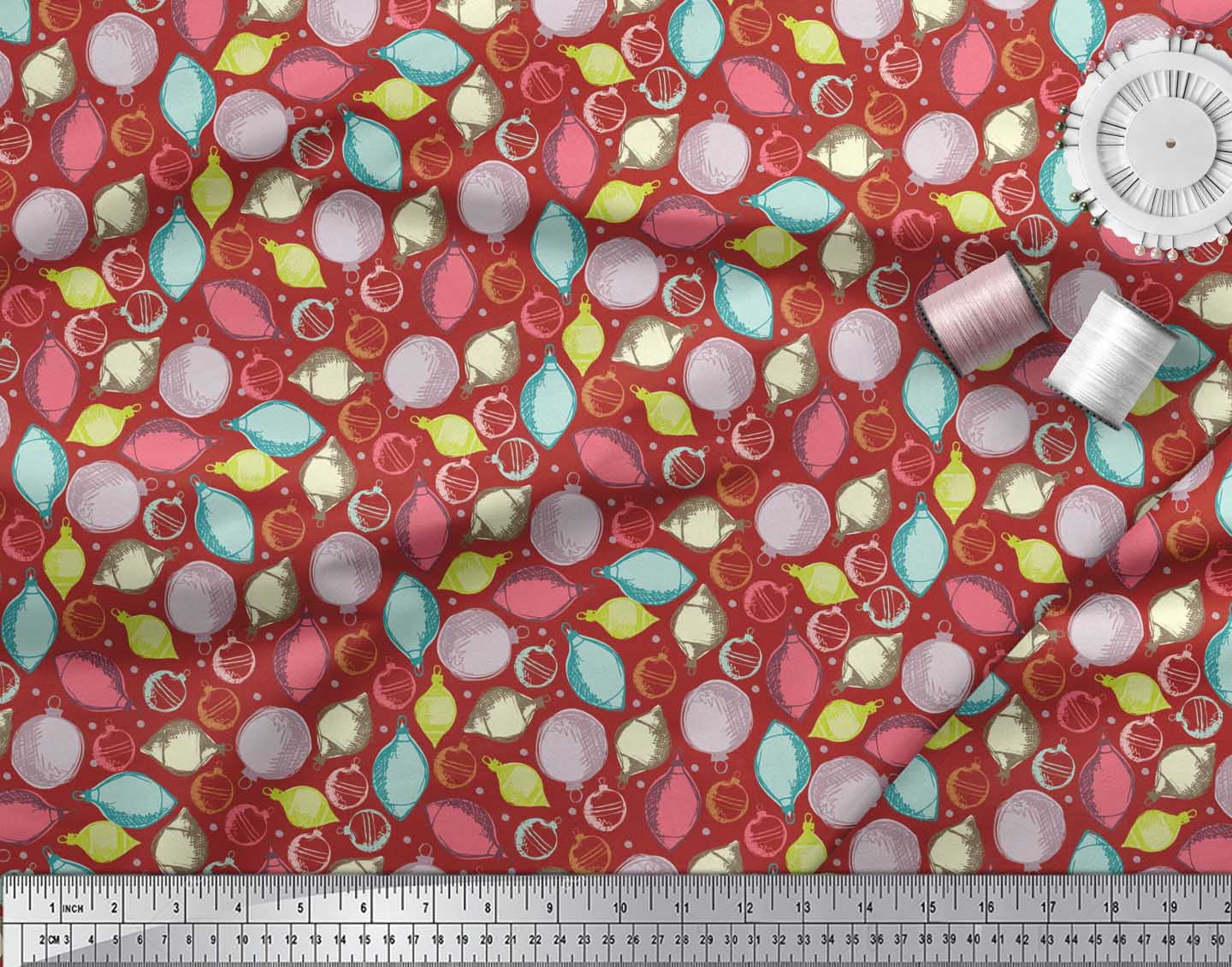 Soimoi Red Cotton Voile Fabric Dot & Ornaments Christmas Printed Fabric 1 Yard 56 Inch Wide