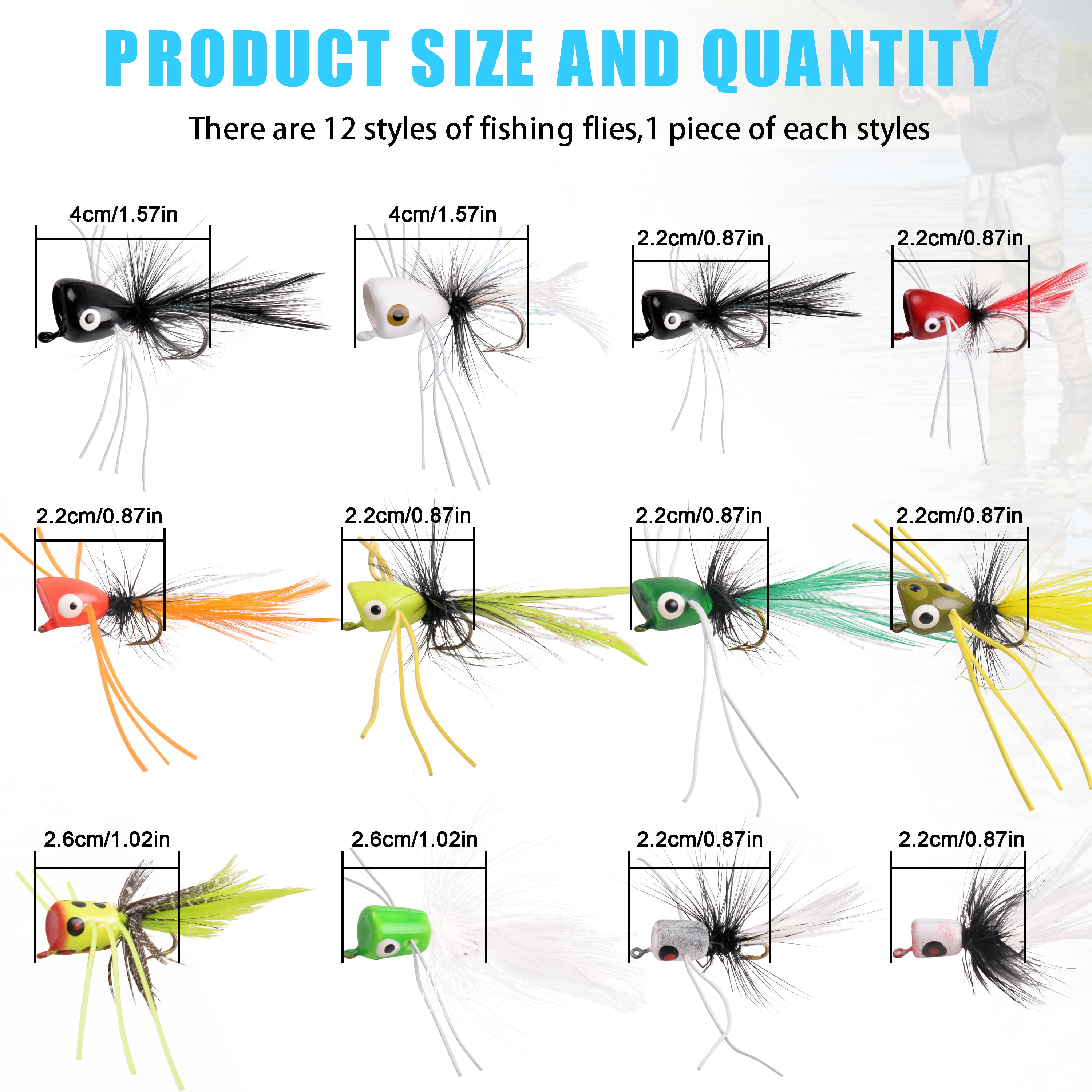 OROOTL Fly Fishing Popper Flies, 12pcs Fly Popper Lures Bass