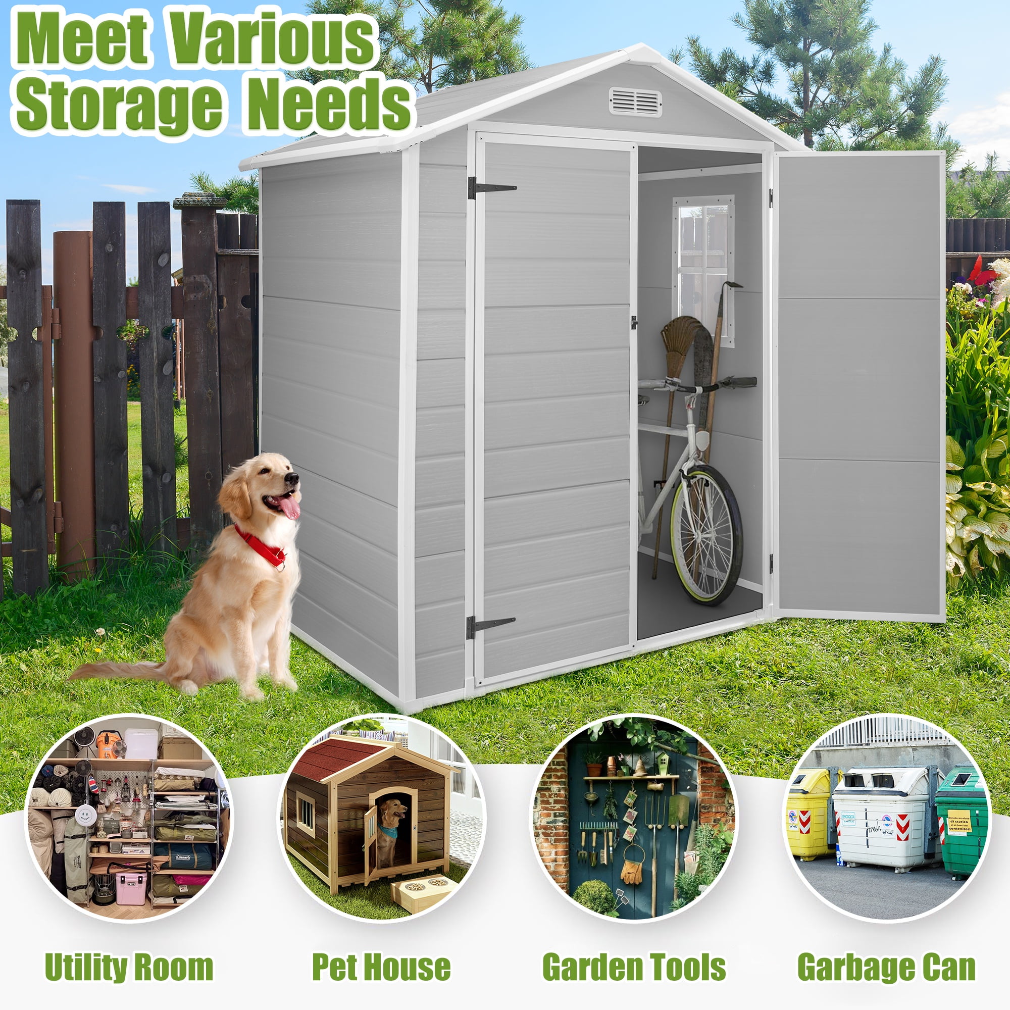 6x4 FT Resin Storage Shed, SESSLIFE Backyard Storage Sheds with Lockable Door, Garage Patio Garden Storage Shed, TE2770