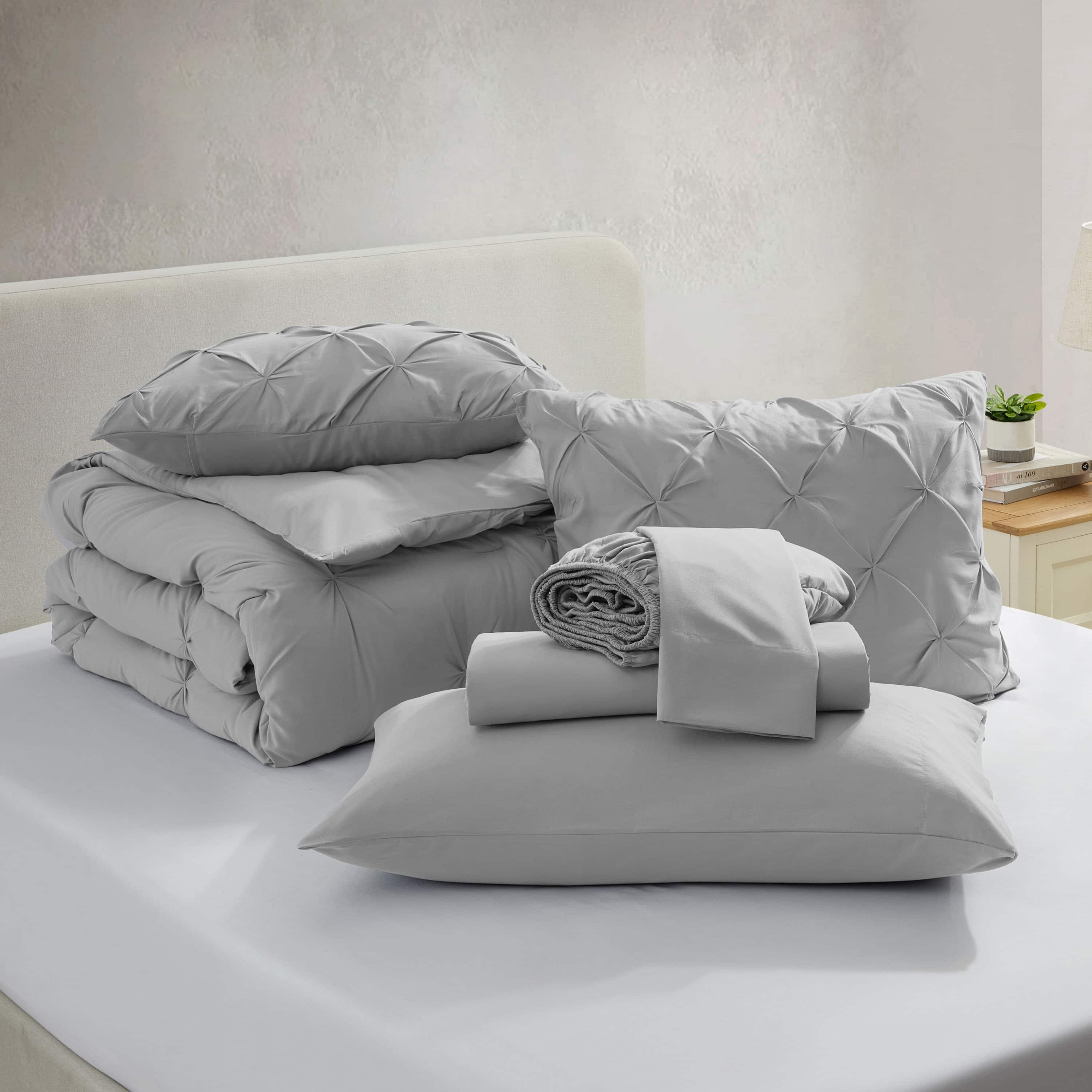 LammaLoe Full Size Comforter Sets, 7 Piece Bed In A Bag Pintuck Bedding Sets, light grey