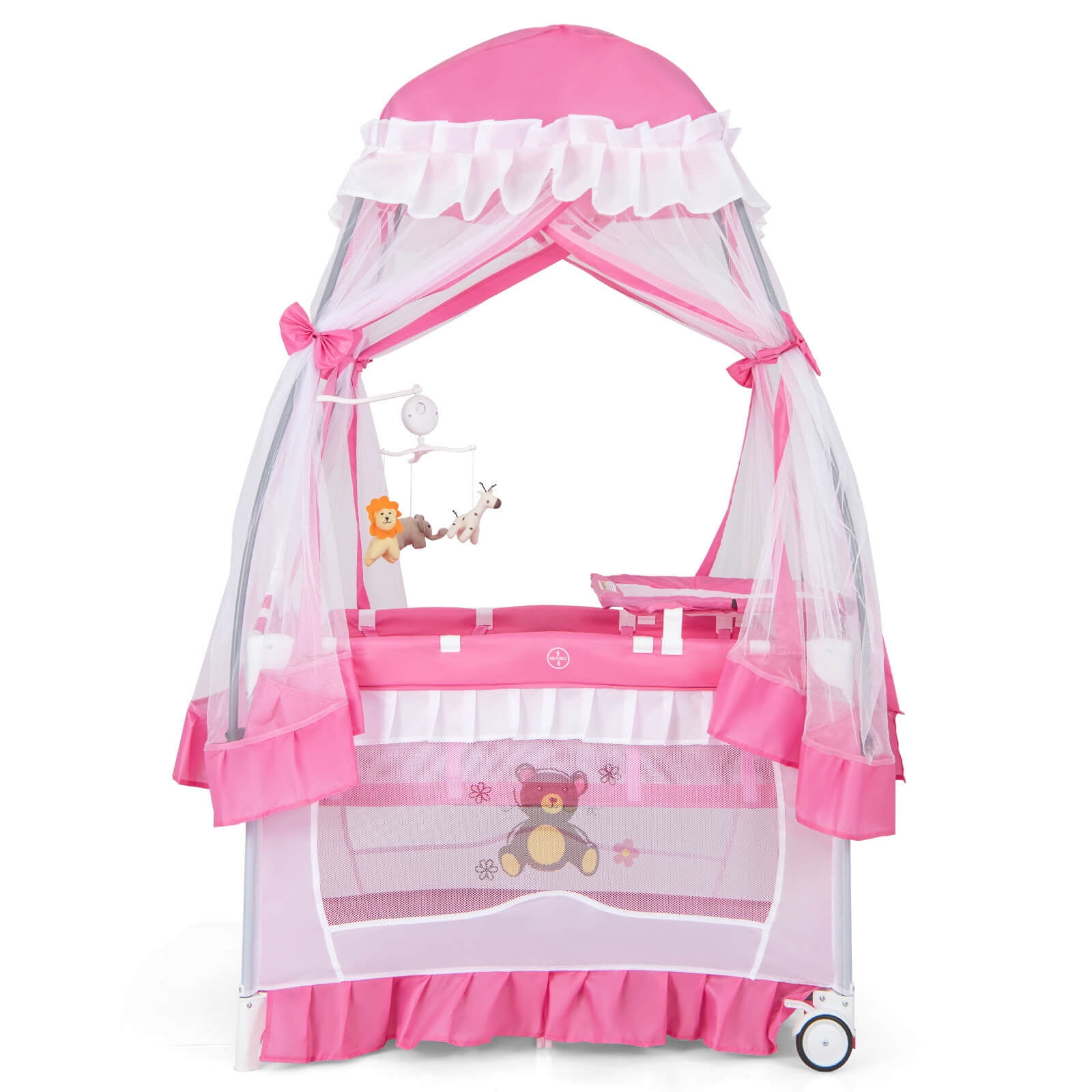 Costway Baby Playard Crib Bed 4 in 1 Portable with Changing Table Canopy Music Box Pink