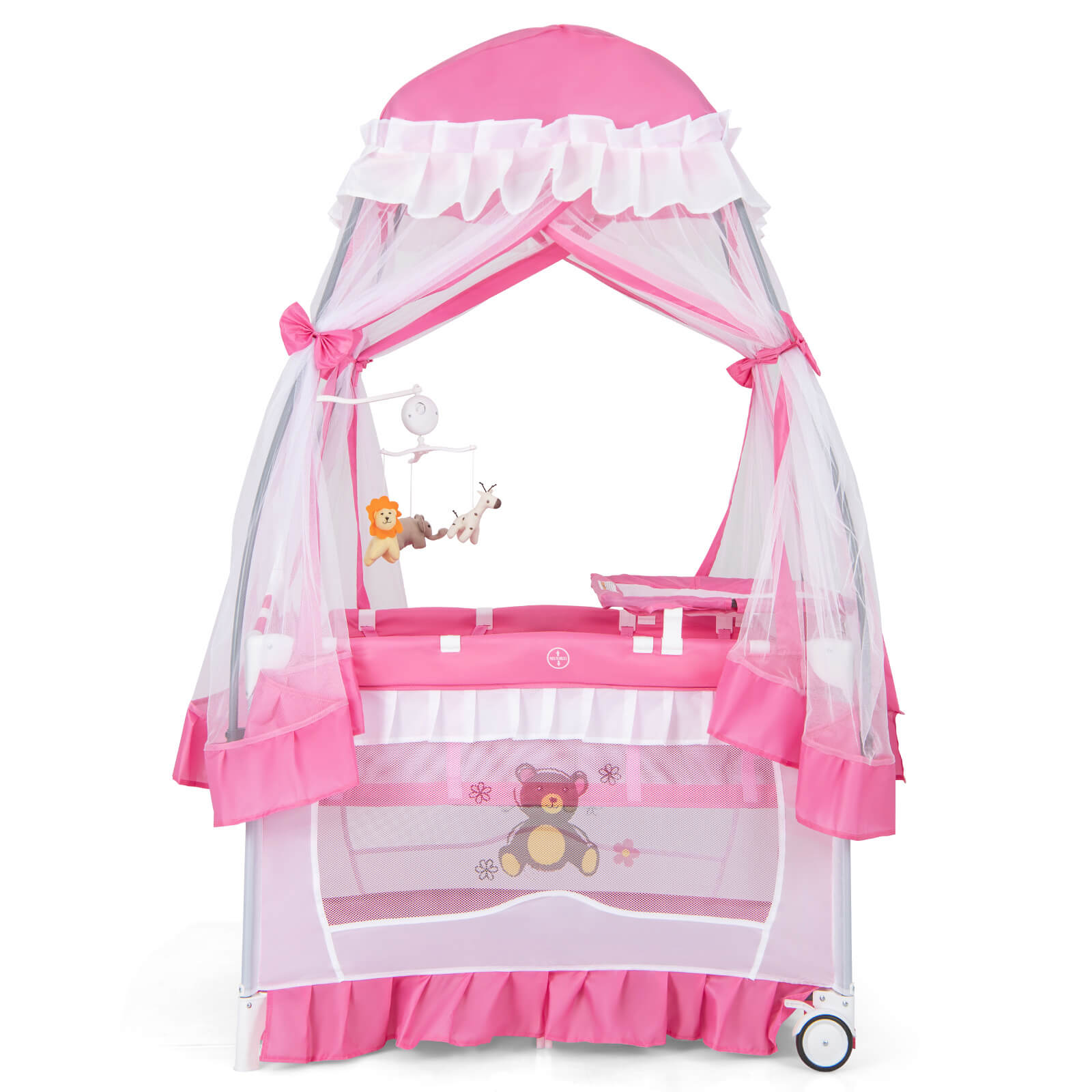 Costway 4-in-1 Baby Playard Crib with Changing Table, Pink photo 3